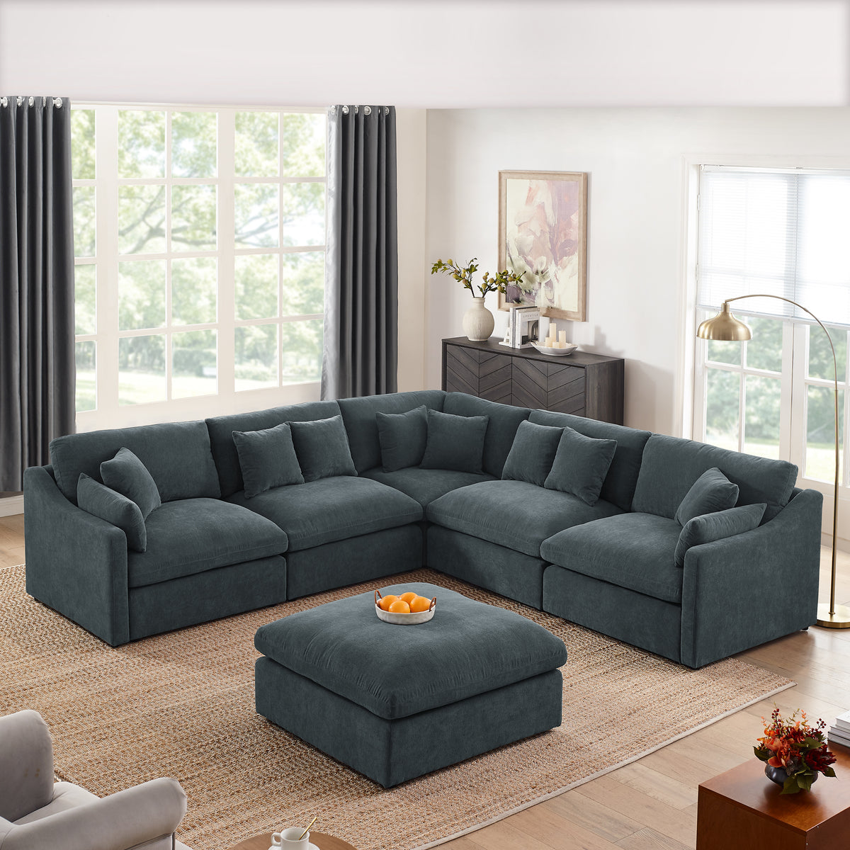 6-Seats Modular L-Shaped Sectional Sofa with Ottoman,10 Pillows, Oversized Upholstered Couch w/Removabled Down-Filled Seat Cushionfor Living Room, Chenille Grey W487S00210-djyc