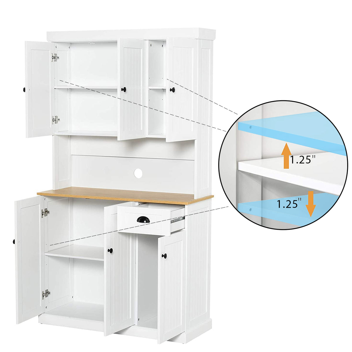 71" Kitchen Pantry Storage Cabinet with Microwave Oven Countertop, Freestanding Hutch Cabinet with Adjustable Shelves, 6 Doors and 1 Drawer-White W282132412-djyc