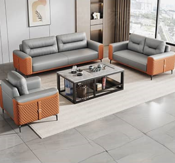 Stylish Dark Brown Faux Leather Sofa with Pine Wood Frame – Modern, Comfortable Seating in Orange, White, Gray & Black fsj-1028