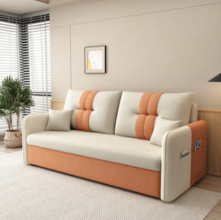 Stylish Cotton-Linen Sofa in Vibrant Orange Beige with Light Blue, Dark Green, Gray, Yellow, and Brown Accents fsx-1007