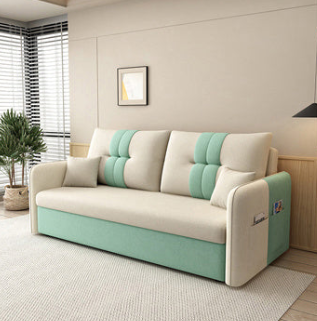 Stylish Cotton-Linen Sofa in Vibrant Orange Beige with Light Blue, Dark Green, Gray, Yellow, and Brown Accents fsx-1007