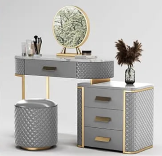 Luxurious Solid Wood Marble Makeup Vanity Set with Glass Mirror & Faux Leather Accents fzyhs-2738