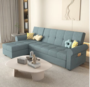 Convertible Sofa Bed in Off-White Gray with Blue, Green, Orange, and Brown Accents - Wood Frame & Techno Fabric fxgz-294