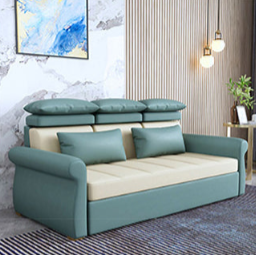 Modern Techno Fabric Sofa Bed in Blue, Green, Dark Gray, and Light Wood Finish fxgz-290