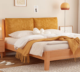 Charming Yellow Bed with Natural Gray & Green Accents - Premium Beech, Pine, and Cedar Wood Finish w/ Luxurious Corduroy Details fslmz-1081