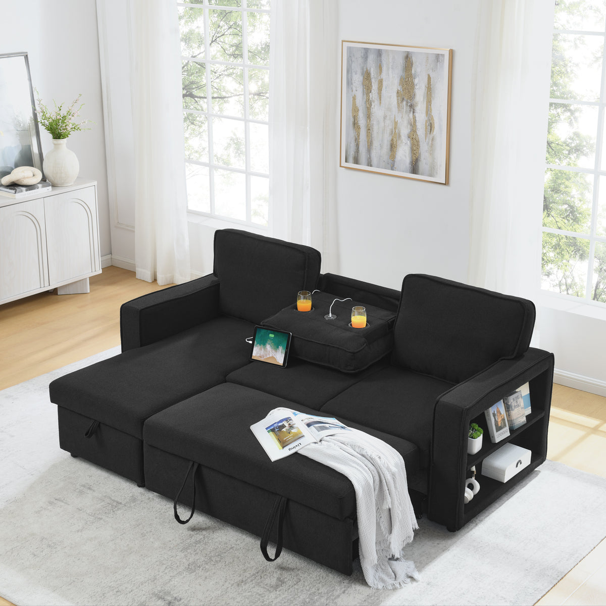 Linen Upholstered Sleeper Sectional Sofa, Shaped Modular Convertible Sofa with Storage Chaise,There are two cup holders in the middle and USB multi-interface function,Pull Out Sleep Couch Bed ,Black W487S00246-djyc