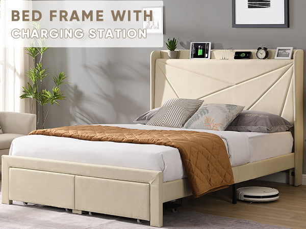 Full Size Bed Frame with 2 Storage Drawers, Upholstered Bed Frame with Wingback Headboard Storage Shelf Built-in USB Charging Stations and Strong Wood Slats Support, No Box Spring Needed, Beige W1916126256-djyc