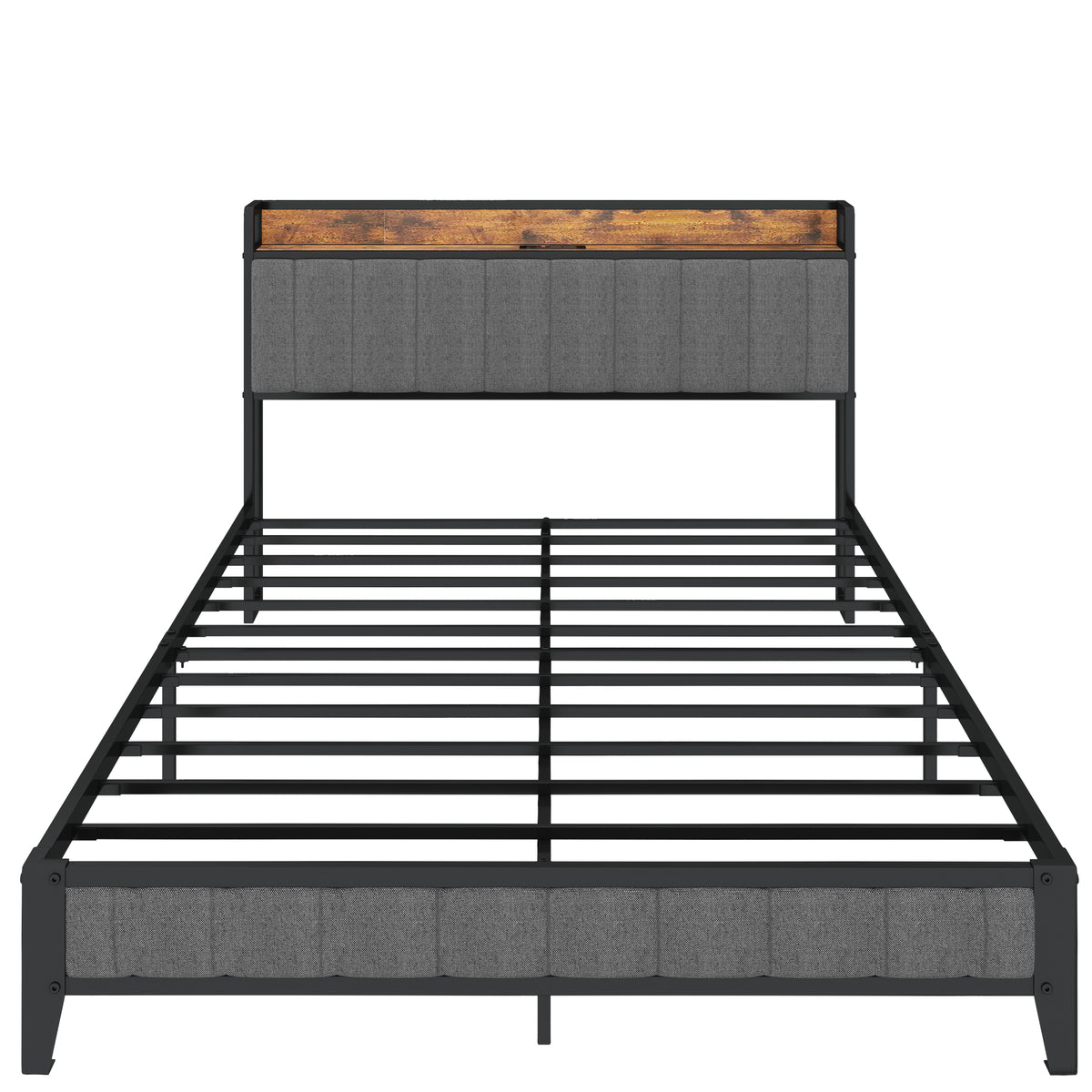 Queen Size Bed Frame with Charging Station, Upholstered Headboard, Metal Platform, Grey W1960131346-djyc