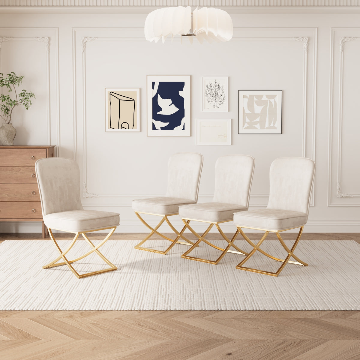 Dining Chair Set of 4, Beige velvet Backrest and golden Metal legs.For Modern Kitchen Dining Room Chair for Kitchen Living Modern decorative Leisure chairs.Office chairs y-2009 W1727S00010-djyc