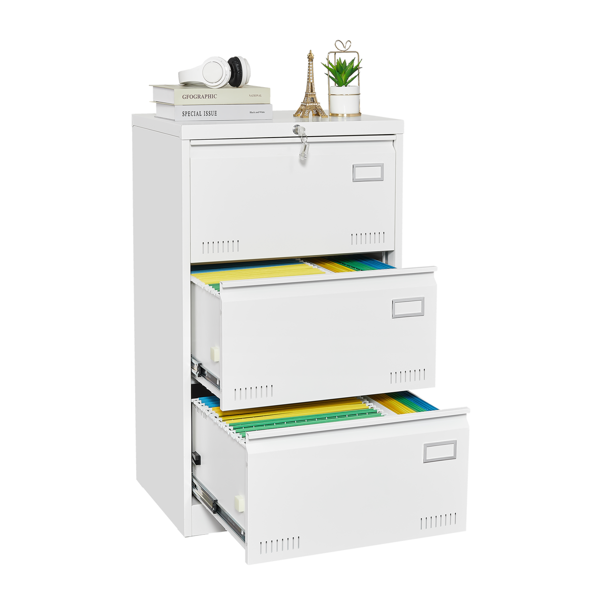 Filing Cabinet Lateral File Cabinet 3 Drawer, White Filing Cabinets with Lock, Locking Metal File Cabinets Three Drawer Office Cabinet for Legal/Letter/A4/F4 Home Offic W1247118745-djyc