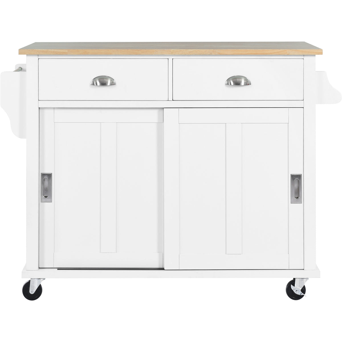 Kitchen Cart with Rubber wood Drop-Leaf Countertop, Concealed sliding barn door adjustable height,Kitchen Island on 4 Wheels with Storage Cabinet and 2 Drawers,L52.2xW30.5xH36.6 inch, White SK000001AAW-djyc