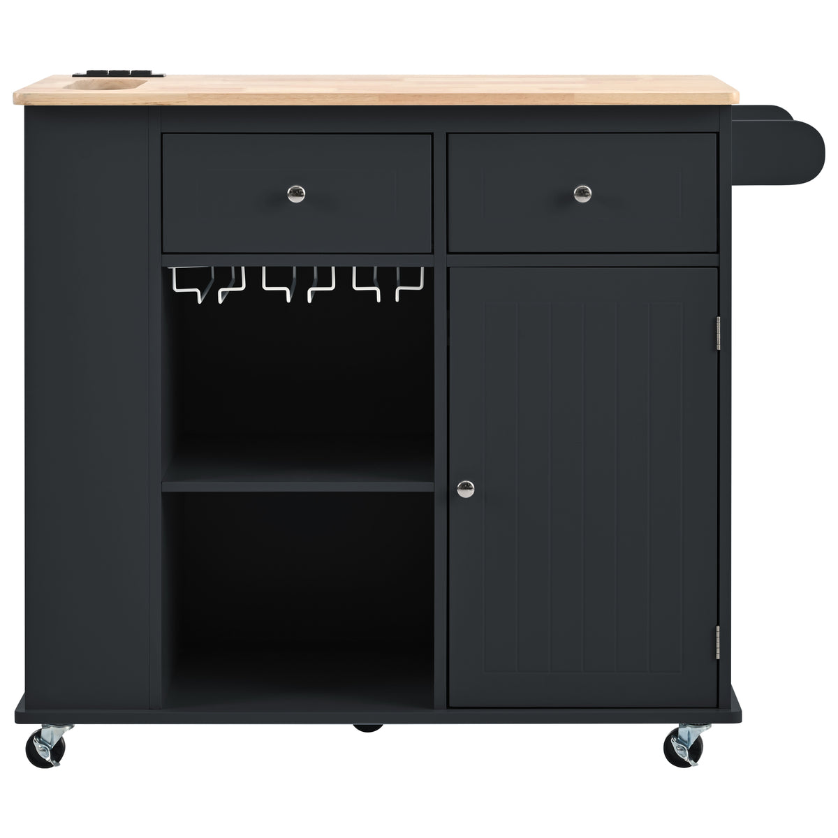 Kitchen Island with Power Outlet,Kitchen Storage Island with Drop Leaf and Rubber Wood,Open Storage and Wine Rack,5 Wheels,with Adjustable Storage for Home, Kitchen, and Dining Room, Black WF305556AAB-djyc