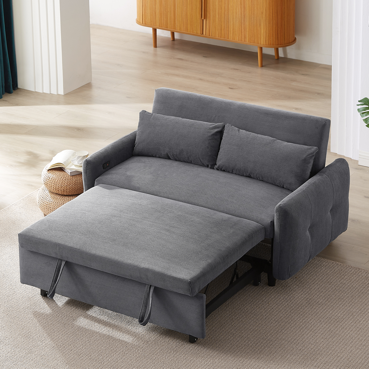 57.48' Pull-out Sofa Bed Convertible Couch 2 Seat Loveseat Sofa Modern Sleeper Sofa with Two Throw Pillows and USB Ports for Living Room, Dark Grey(Old Sku:WF317760AAR) N719P185194R-djyc