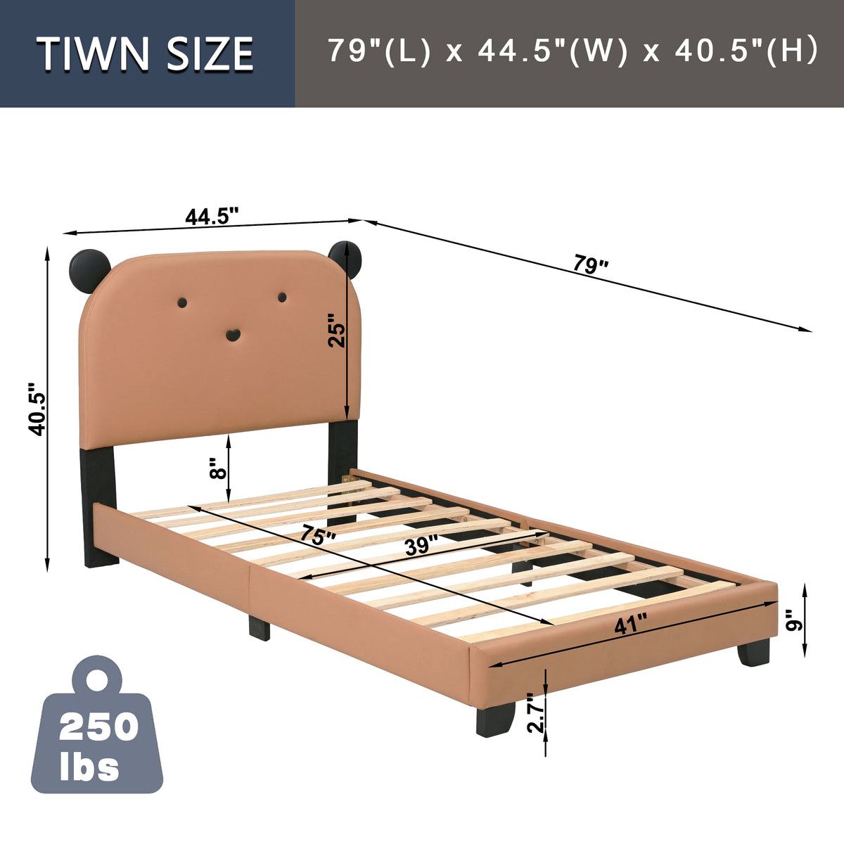 Upholstered Twin Size Platform Bed for Kids, Wooden Bed Frame with Slatted Bed Base, No Box Spring Needed, Cute Bed Frame with Bear Design Headboard for Girls Boys Teens, Brown W1998124482-djyc