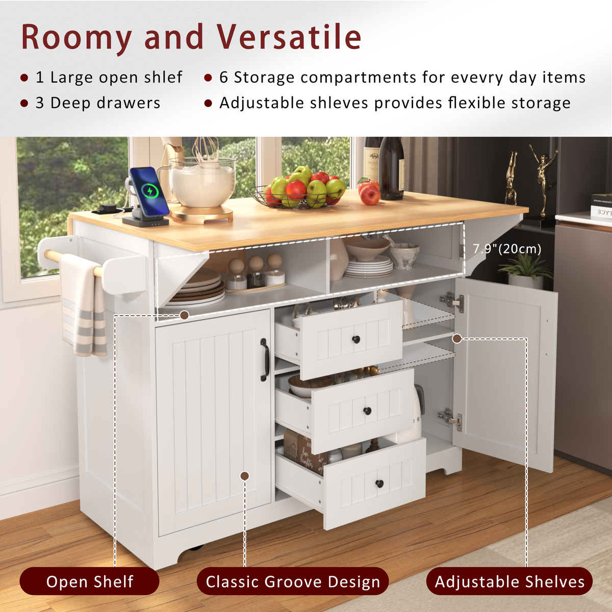 K&K 55.7'' Large Kitchen Island with 2 Drop Leaf,, Rolling Kitchen Cart on 5 Wheels with Power Outlet, Folding Storage Dining Table with Spice & Towel Rack , 3 Drawers, for Kitchen, Dining Room,White N707P186617W-djyc