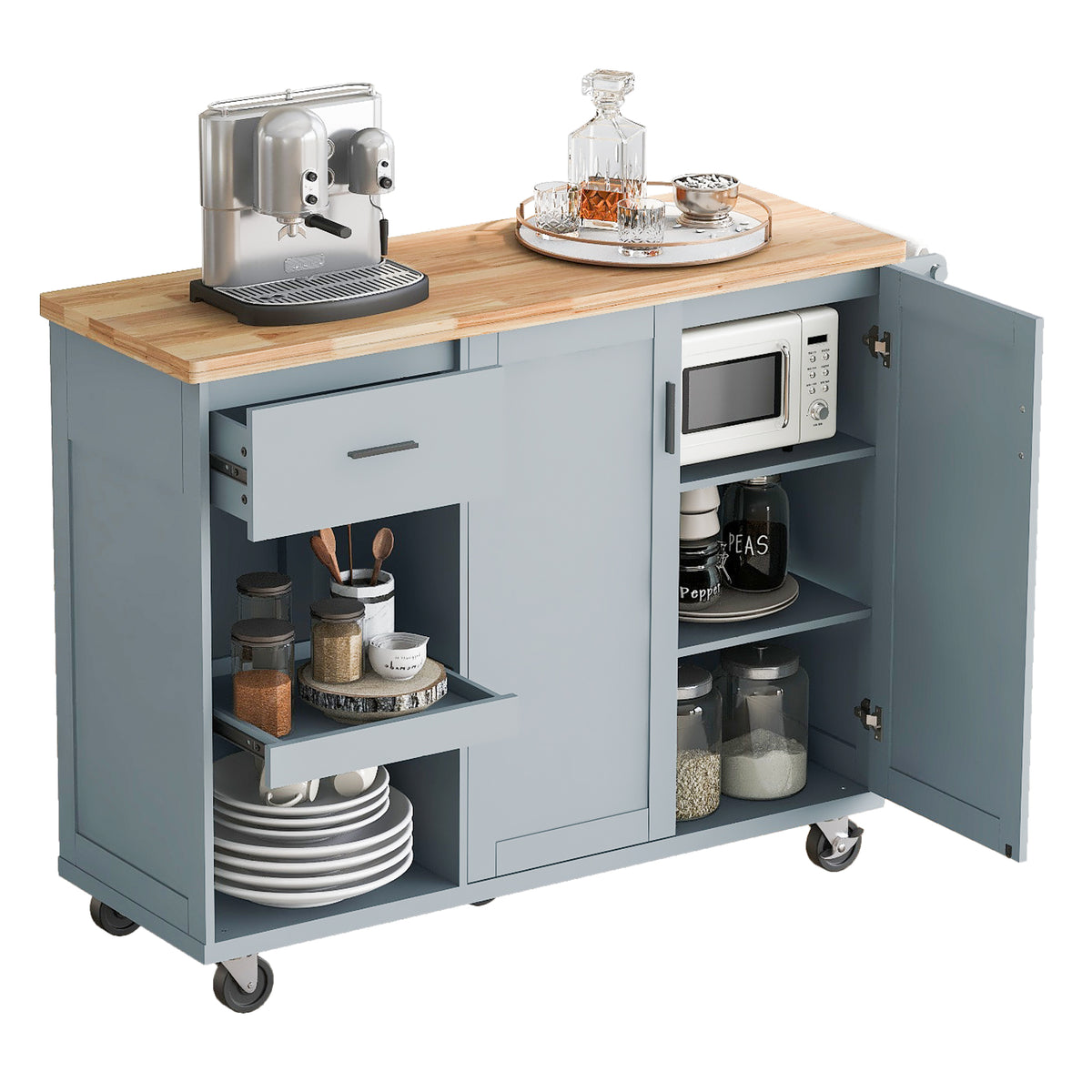 K&K Kitchen Island with Foldable Counter Top, Kitchen Storage Cart with Slide-Out Shelf, Towel Rack and Drawer, Rolling Kitchen Cart on Wheels, for Kitchen, Living Room, Dining Room, Grey Blue N707P173036G-djyc