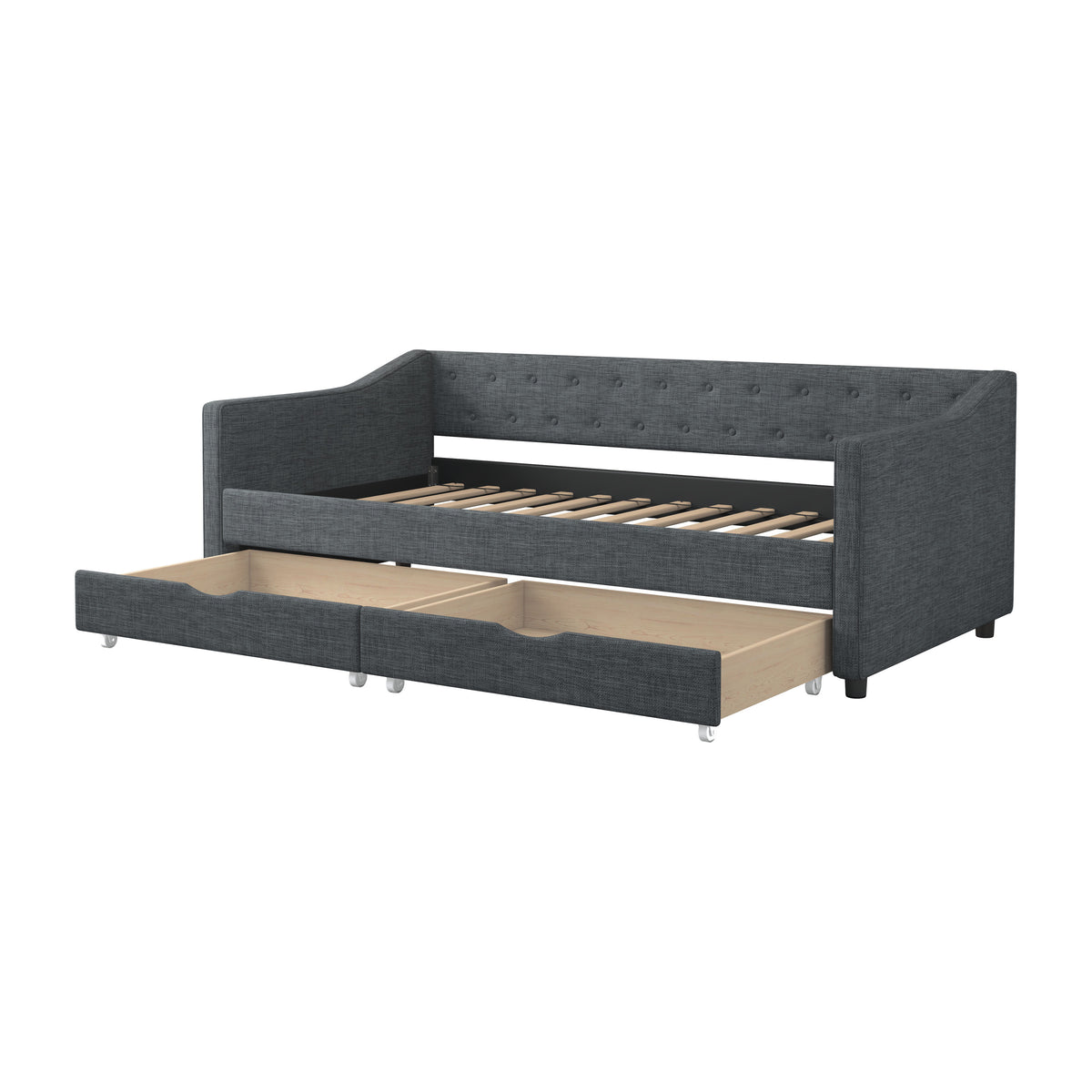 Twin Size Daybed with Drawers Upholstered Tufted Sofa Bed, with Button on Back and Piping on Waved Shape Arms-Dark Grey W2336S00004-djyc