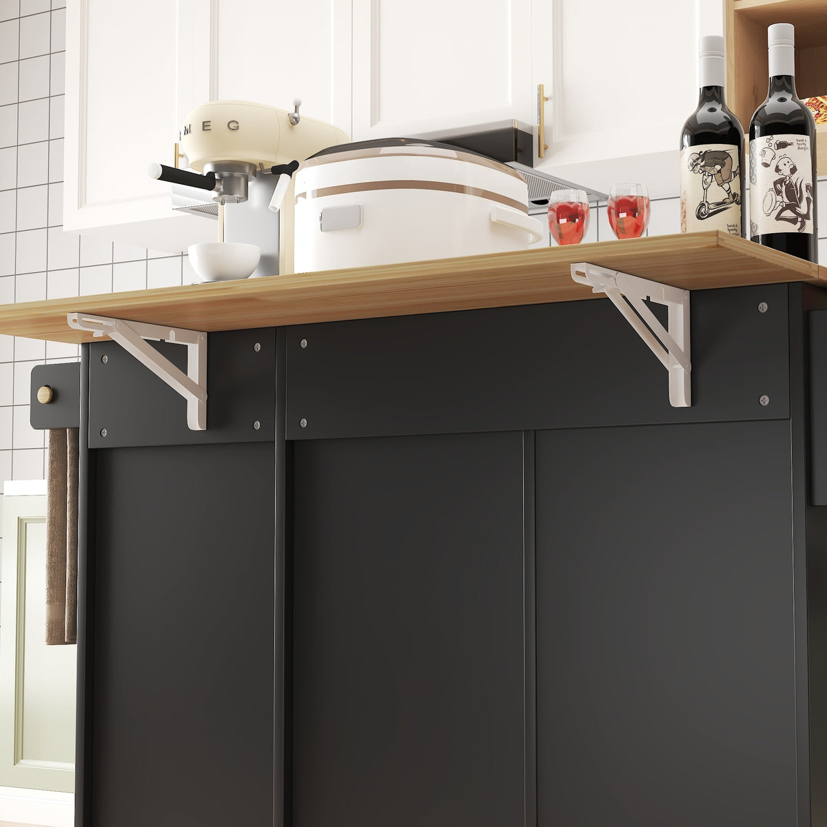 45.4" Farmhouse Black Rolling Kitchen Cart on Wheels with Storage Cabinet, Mobile Kitchen Island cart with Drop Leaf Top, Spice Rack, Towel Bar, Adjustable Shelf, Drawers and Hooks W2557P180166-djyc