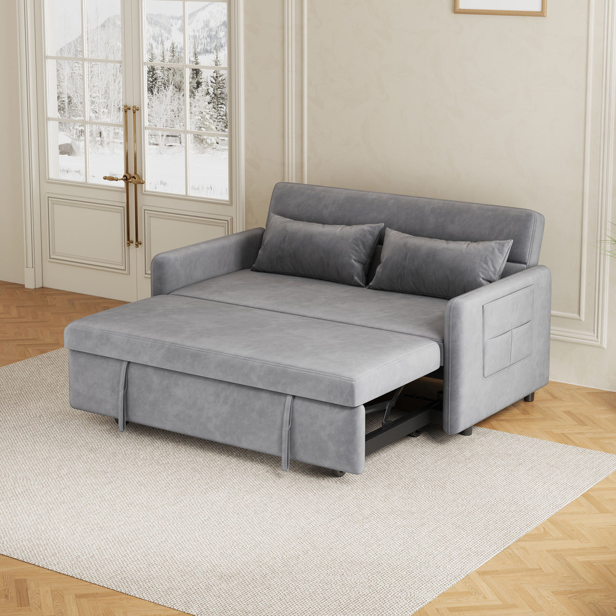 Sofa Pull Out Bed Included Two Pillows 54" Grey Velvet Sofa for Small Spaces W1278125091-djyc