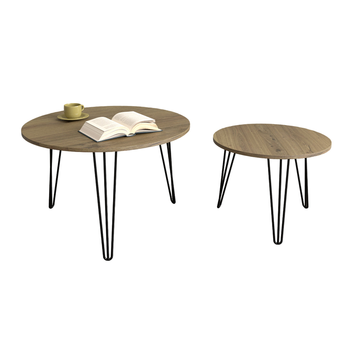 27.56'' Round Nesting Coffee Table Set of 2, Circular Nesting End Table Set, Round Wooden Tabletop, and Sturdy Metal Base for Living Room, bedroom, Brown W808P176732-djyc