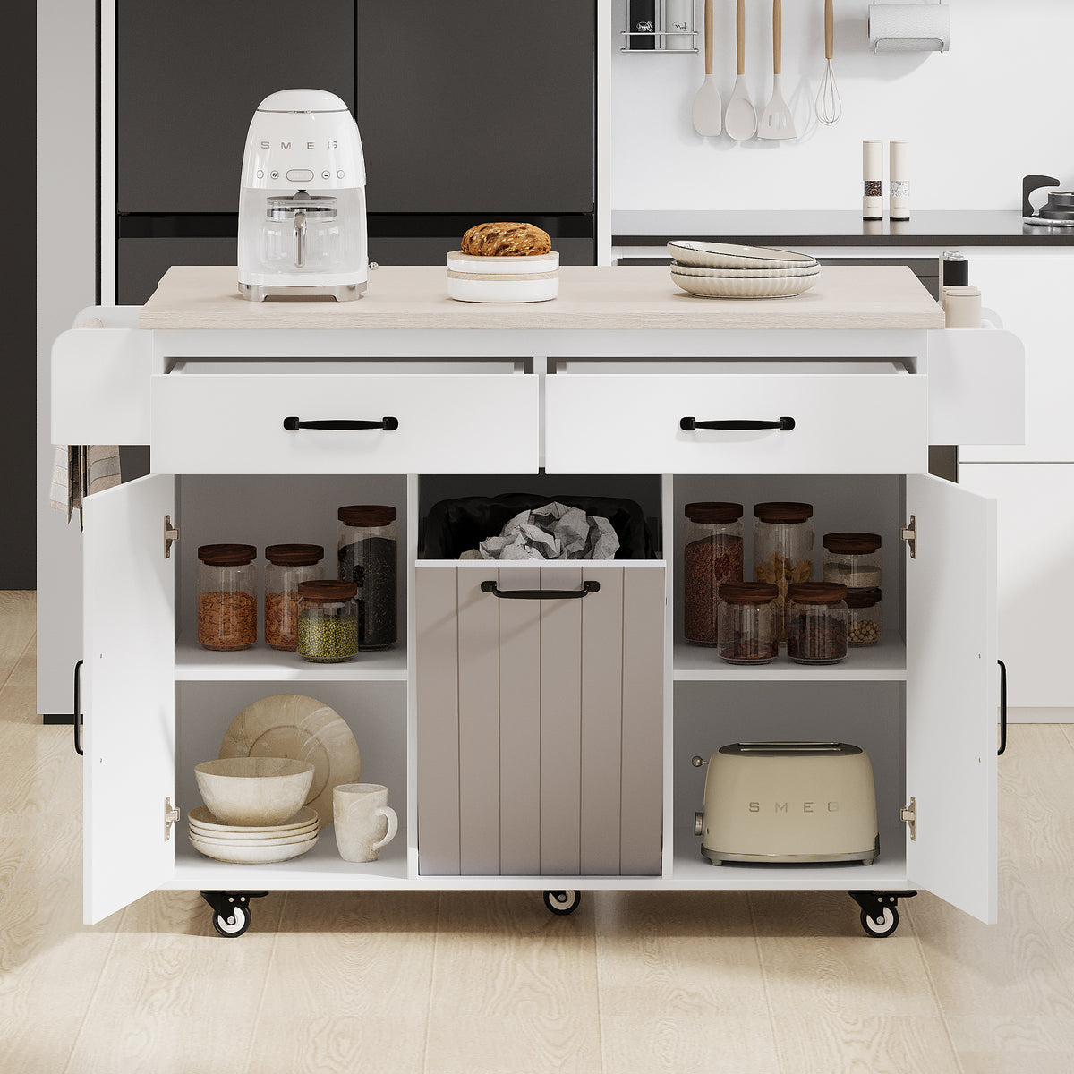 K&K Kitchen Island with Trash Can Storage Cabinet, Kitchen Cart with Drop Leaf, Spice Rack, Towel Rack and Drawer, Rolling Kitchen Island on Wheels with Adjustable Shelf, White WF326381AAW-djyc