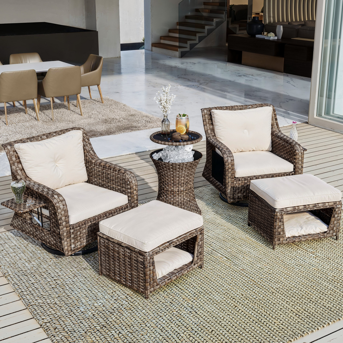 K&K 5 Pieces Outdoor Patio Furniture Set with Pet House Cool Bar and Retractable Side Tray, Rattan Wicker Patio Swivel Rocking Chairs Set of 2 with Ottomans for Backyard, Porch, Balcony, Beige SK000006AAA-djyc