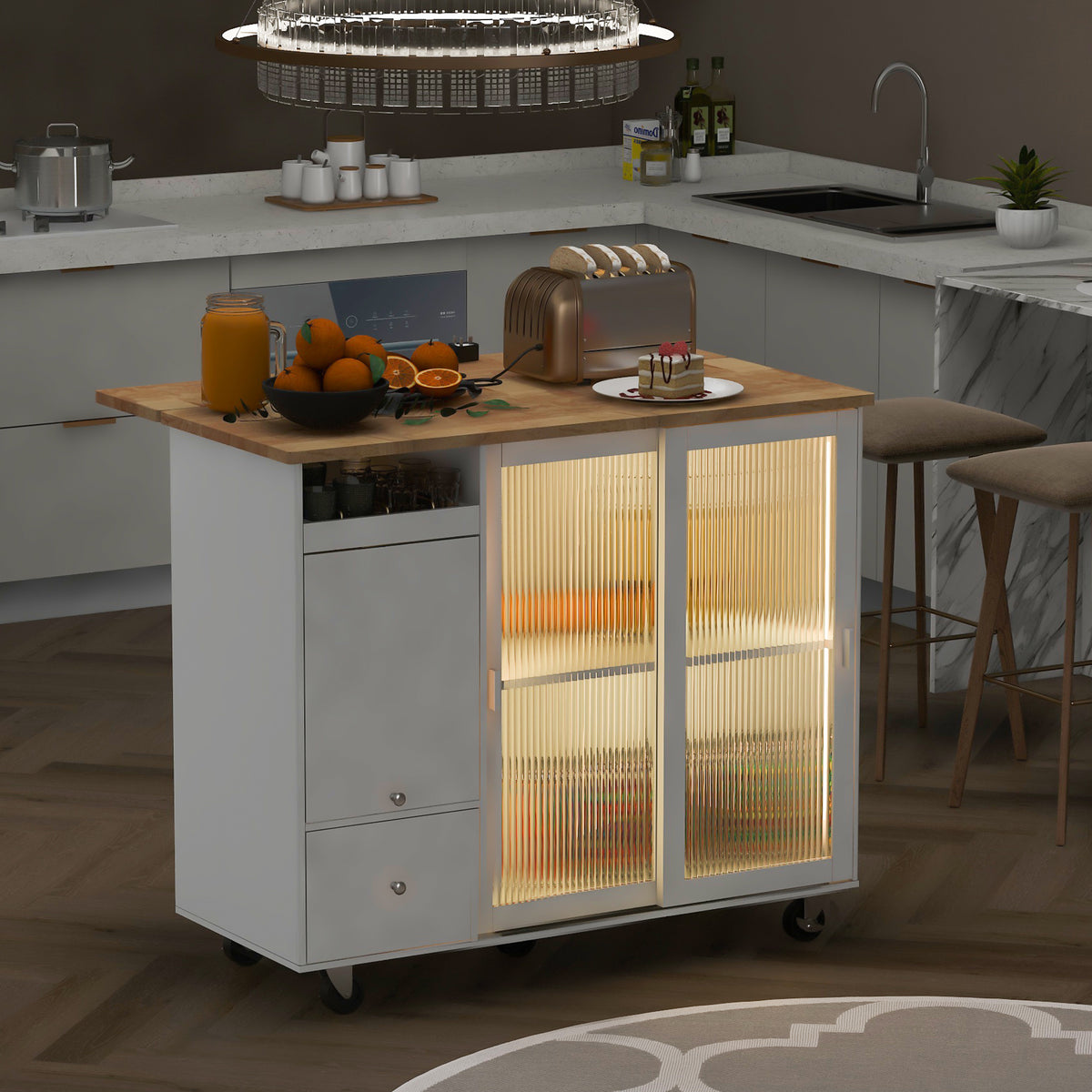 Kitchen Island with Drop Leaf, LED Light Kitchen Cart on Wheels with 2 Fluted Glass Doors and 1 Flip Cabinet Door, Large Kitchen Island Cart with an Adjustable Shelf and 2 Drawers (White) WF311171AAW-djyc