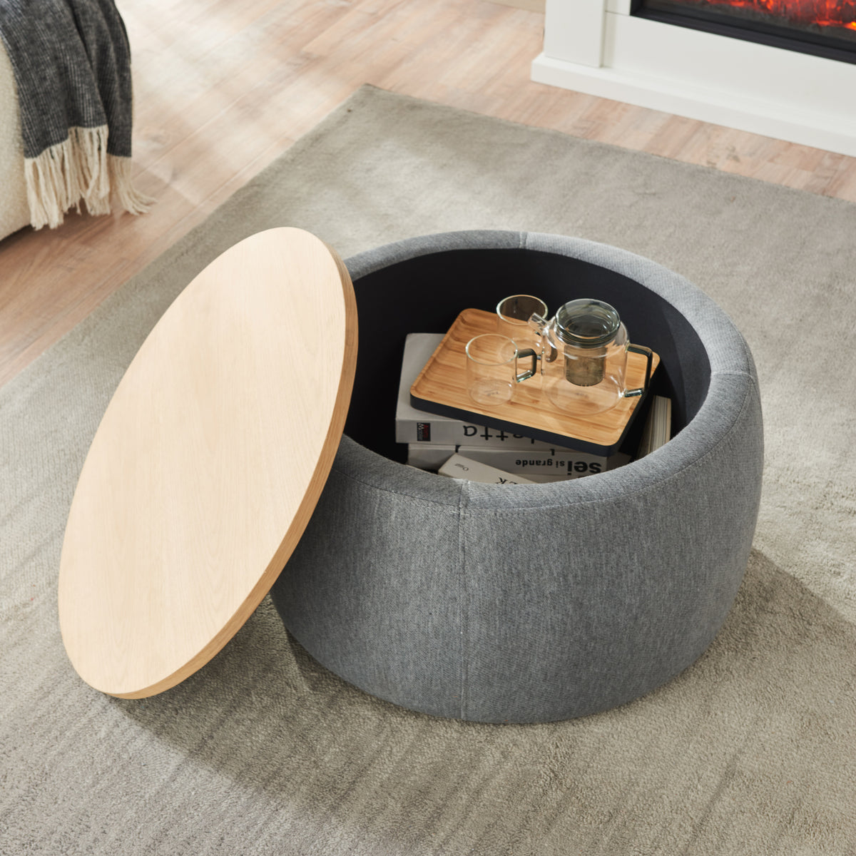 Round Storage Ottoman, 2 in 1 Function, Work as End table and Ottoman, Dark Grey (25.5"x25.5"x14.5") W48735178-djyc