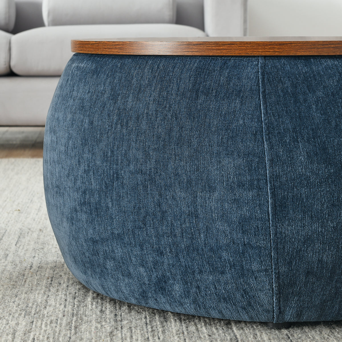 Round Storage Ottoman, 2 in 1 Function, Work as End table and Ottoman,with small seat,Dark blue(25"x25"x14.7") W487P165698-djyc