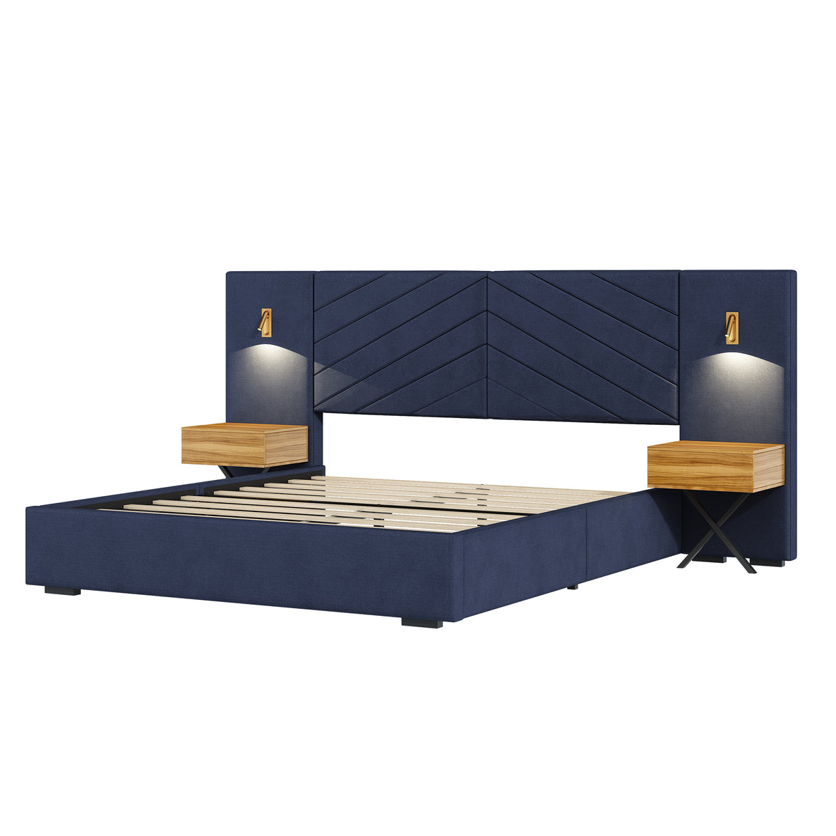 Queen Size Velvet Bed Frame/Vertical Channel Tufted Wingback Headboard/Upholstered Platform Bed/Strong Wooden Slats/No Box Spring Needed/Easy AssemblyRoyal blue W1793S00001-djyc