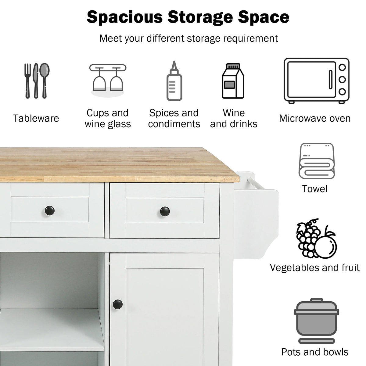 Kitchen Cart with Rubber wood Drop-Leaf Countertop ,Cabinet door internal storage racks,Kitchen Island on 5 Wheels with Storage Cabinet and 3 Drawers for Dinning Room,White WF298028AAW-djyc