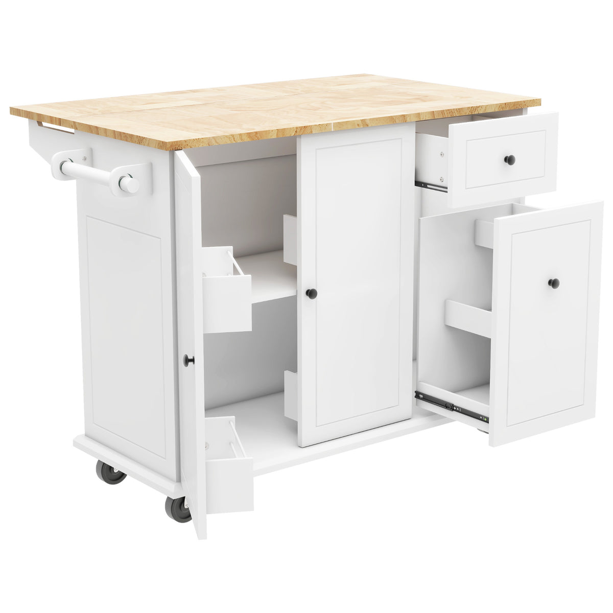 Kitchen Island with Drop Leaf, 53.9" Width Rolling Kitchen Cart on Wheels with Internal Storage Rack and 3 Tier Pull Out Cabinet Organizer, Kitchen Storage Cart with Spice Rack, Towel Rack (White) WF312383AAW-djyc