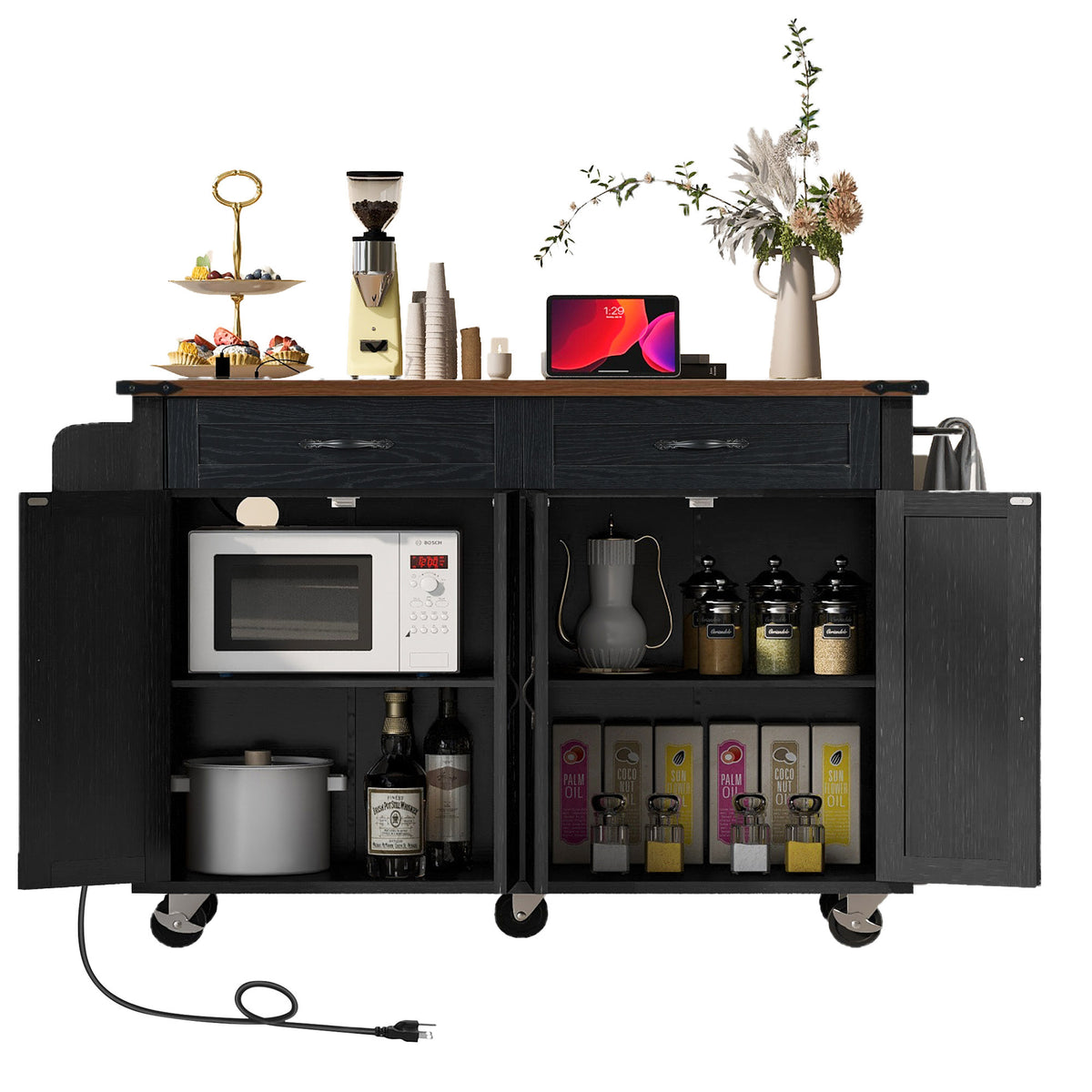 K&K 53.5''Farmhouse Kitchen Island with Power Outlet, Kitchen Storage Island with Drop Leaf, Spice Rack and Drawer, Rolling Kitchen Cart on Wheels, for Home, Kitchen and Dining Room, Black N707P170348B-djyc