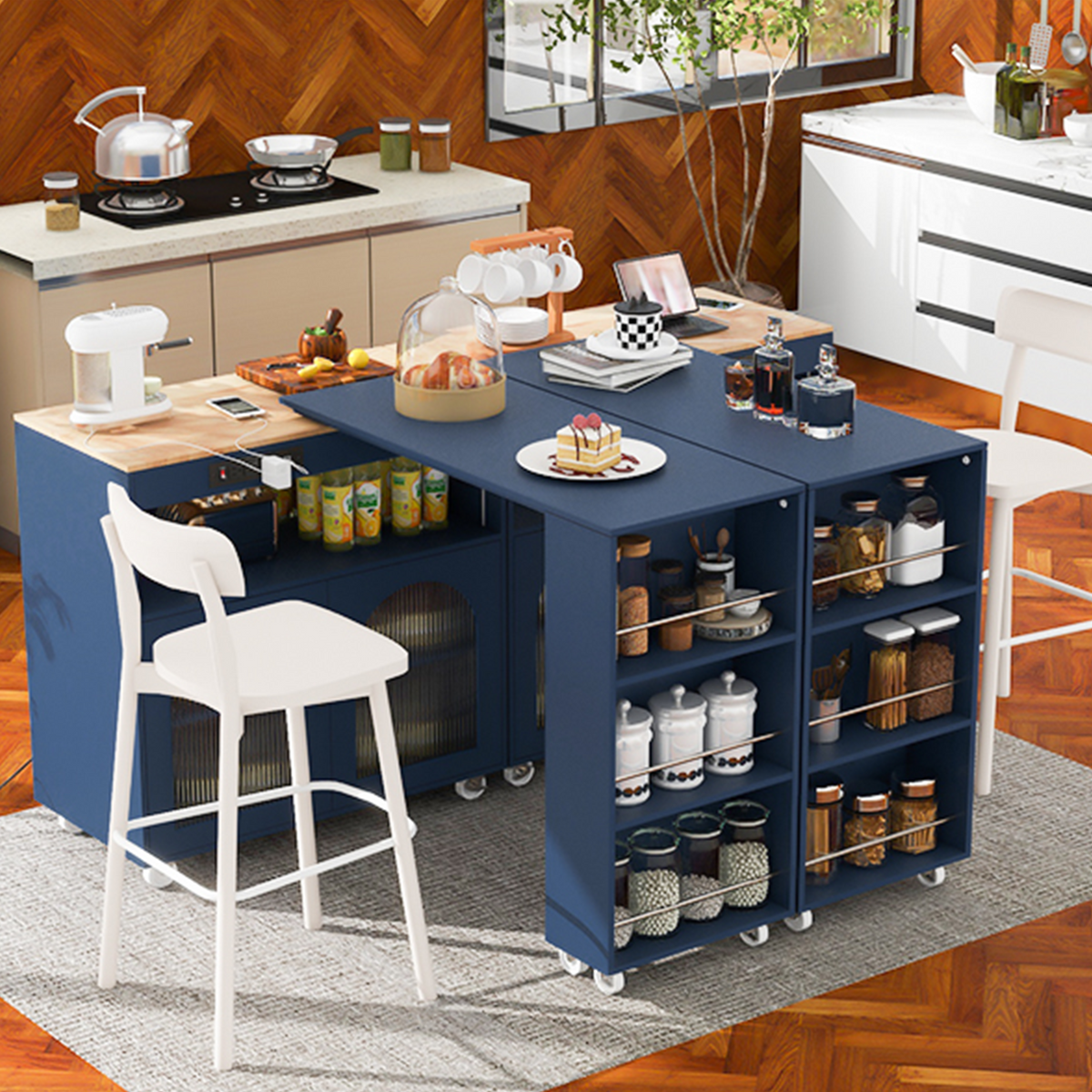 K&K Rolling Kitchen Island With Extended Table, Kitchen Island on Wheels with LED Lights,Power Outlets and 2 Fluted Glass Doors, Kitchen Island with a Storage Compartment and Side 3 Open Shelves, Navy WF316018AAN-djyc