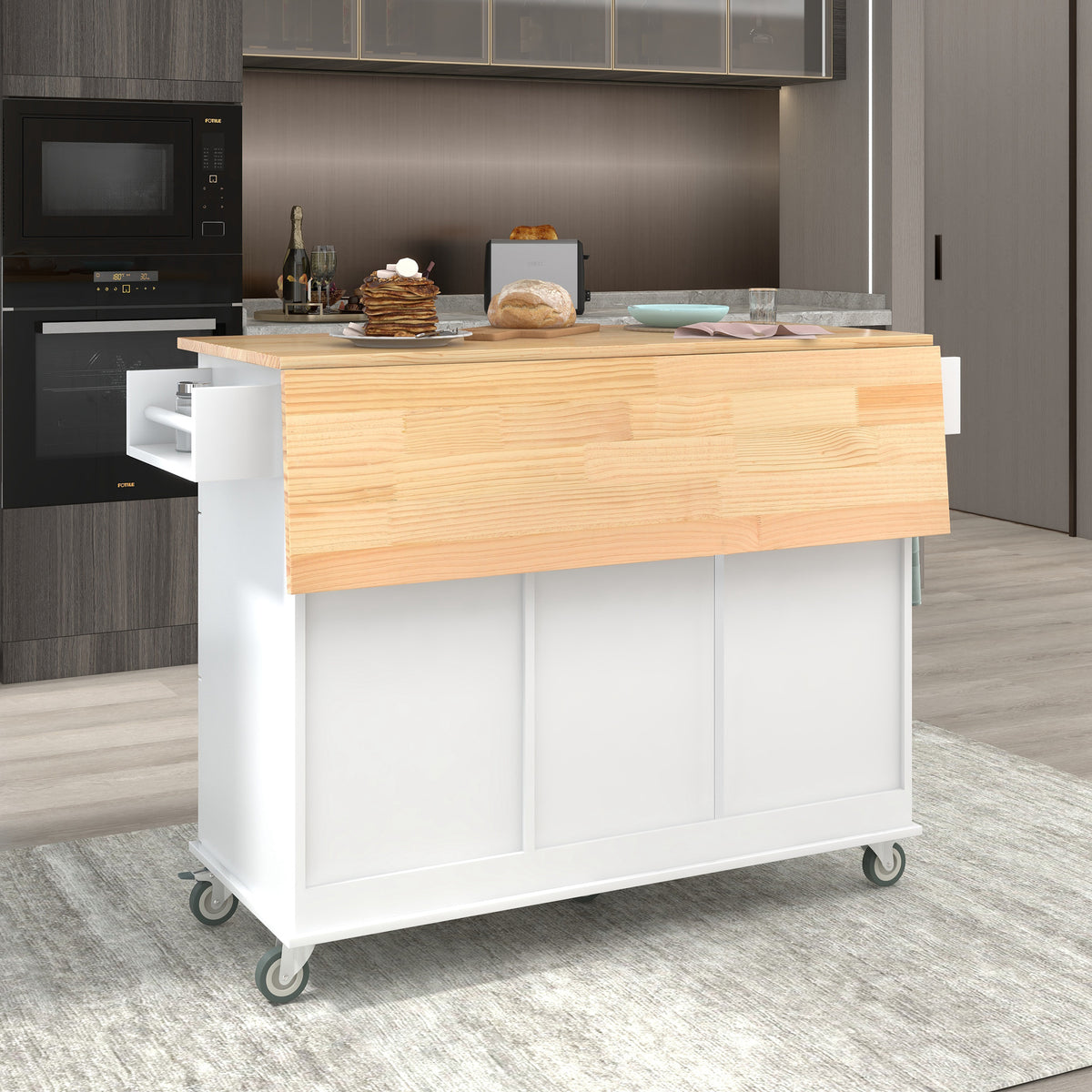 Rolling Mobile Kitchen Island with Solid Wood Top and Locking Wheels,52.7 Inch Width,Storage Cabinet and Drop Leaf Breakfast Bar,Spice Rack, Towel Rack & Drawer (White) WF287035AAW-djyc