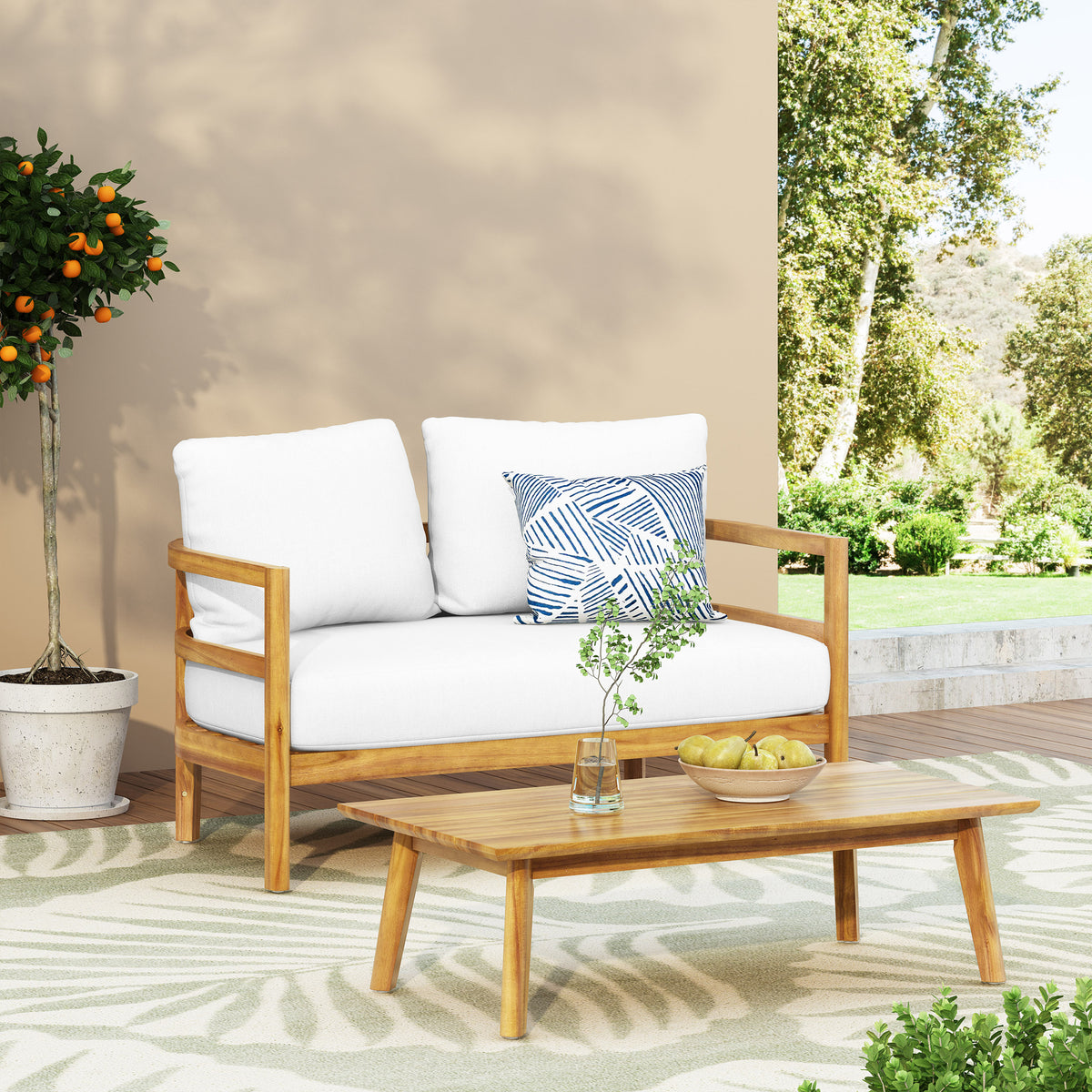 Outdoor Acacia Wood Loveseat and Coffee Table Set with Cushions, Light Teak and White 72439.00WHI-djyc