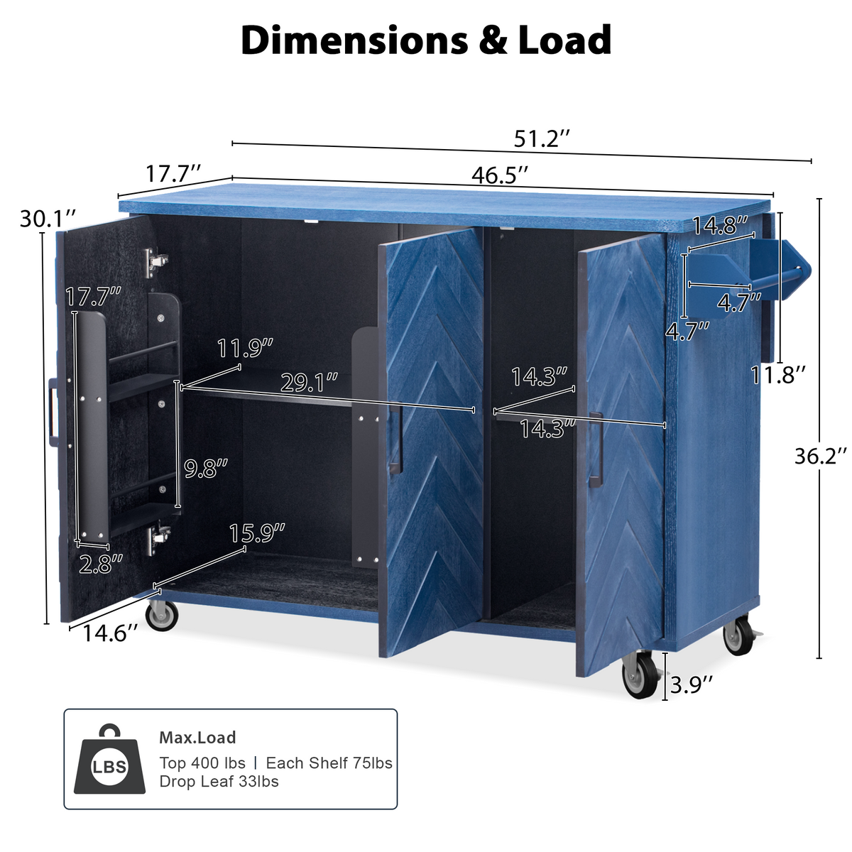 K&K 51.2"W 3D Wave Stripes Ash Veneer(Not Cheap Paper) Kitchen Island with Drop Leaf, Farmhouse Kitchen Island on Wheels with Internal Storage Rack, Rolling Kitchen Cart (Navy Blue) N707P207915E-djyc