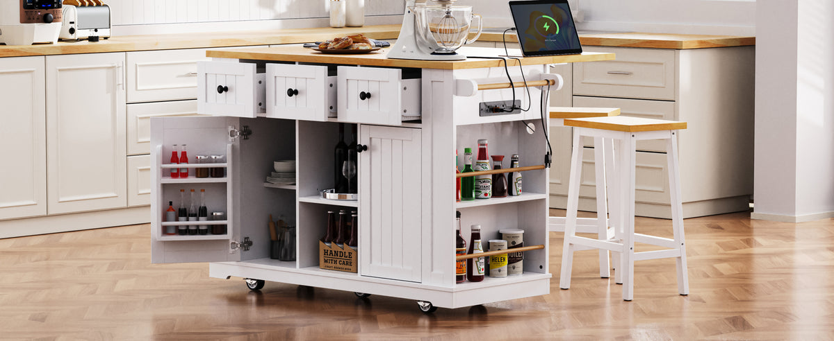 K&K 53inch Large Kitchen Island with 2 Bar Stools, Power Outlet,Door Internal Storage Rack, Kitchen Storage Cart on 5 Wheels with Drop Leaf, 5 Open Side Racks, 3 Drawers, for Kitchen,Dining Room,White N707S000007W-djyc