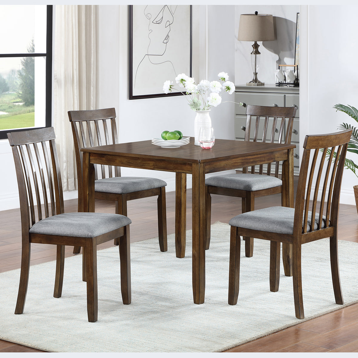 5 Piece Modern Dining Set, Square Wooden Dining Table with 4 Upholstered Chairs for Kitchen, Dining Room, Walnut W1998S00026-djyc