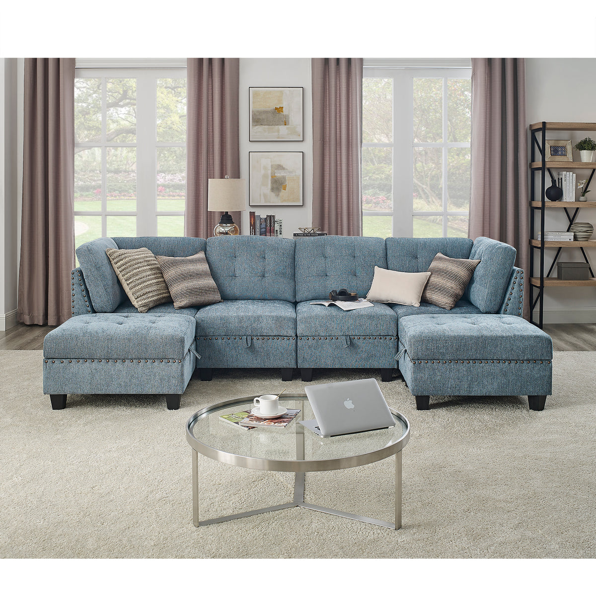 U shape Modular Sectional Sofa,DIY Combination,includes Two Single Chair ,Two Corner and Two Ottoman,Navy Chenille W487S00190-djyc