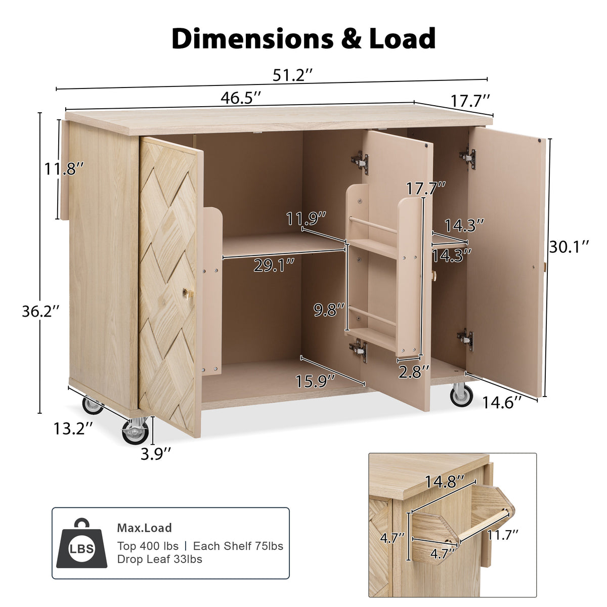 K&K 51.2"W Ash Veneer (Not Cheap Paper) Solid Wood Handwoven Kitchen Island with Drop Leaf, Coastal Kitchen Island on Wheels with Internal Storage Rack, Rolling Kitchen Cart, Nature Wood N707P207916Y-djyc