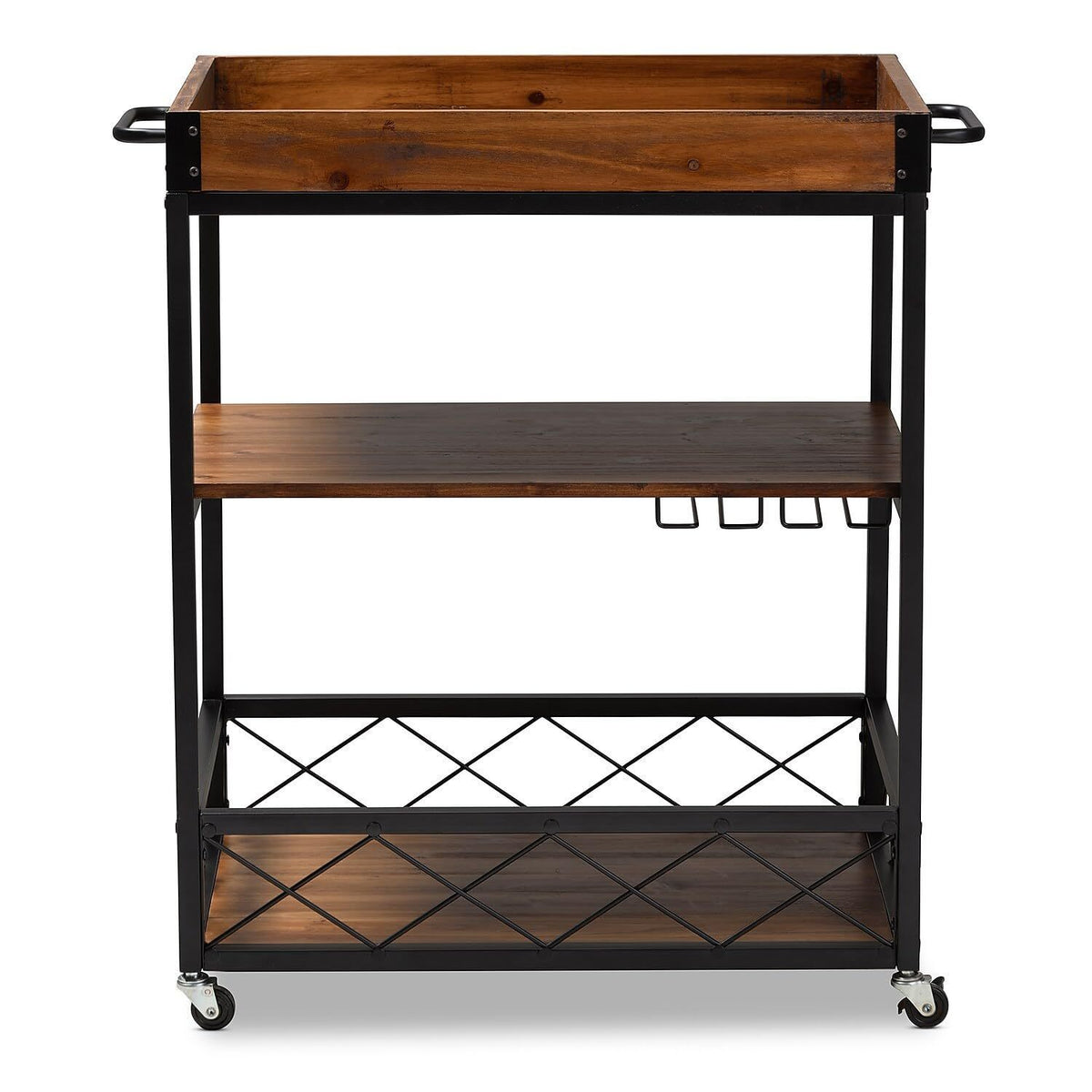 32.6'' Tall Industrial Style Rolling Kitchen Island Wine Cart with Black Finished, Fir Wood Mobile Metal Wine Bar Cart with Glass Rack, Oak Brown W2557P180163-djyc