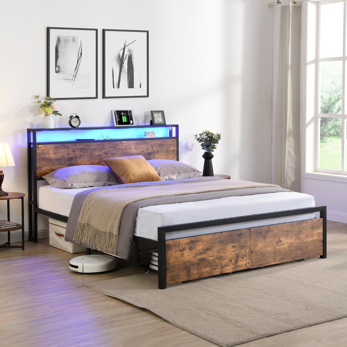 Full Size Bed Frame with Storage Headboard and 2 Drawers, LED Lights Bed with Charging Station, Metal Platform Bed No Noise, Mattress Foundation Strong Metal Slats Support No Box Spring Needed W1916126252-djyc