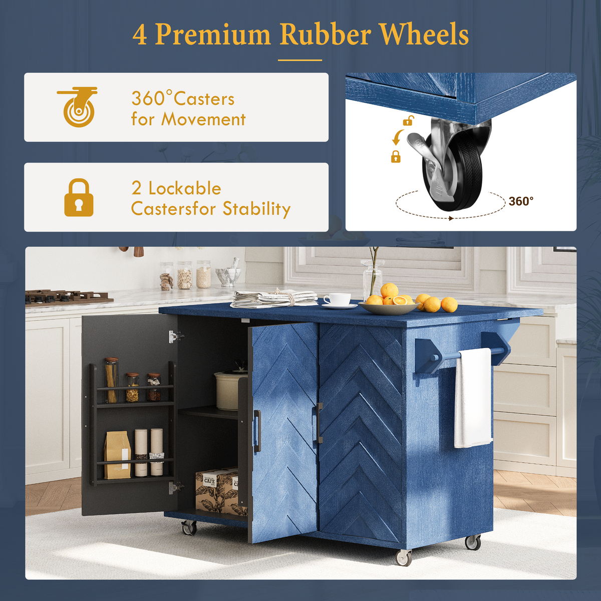 K&K 51.2"W 3D Wave Stripes Ash Veneer(Not Cheap Paper) Kitchen Island with Drop Leaf, Farmhouse Kitchen Island on Wheels with Internal Storage Rack, Rolling Kitchen Cart (Navy Blue) N707P207915E-djyc