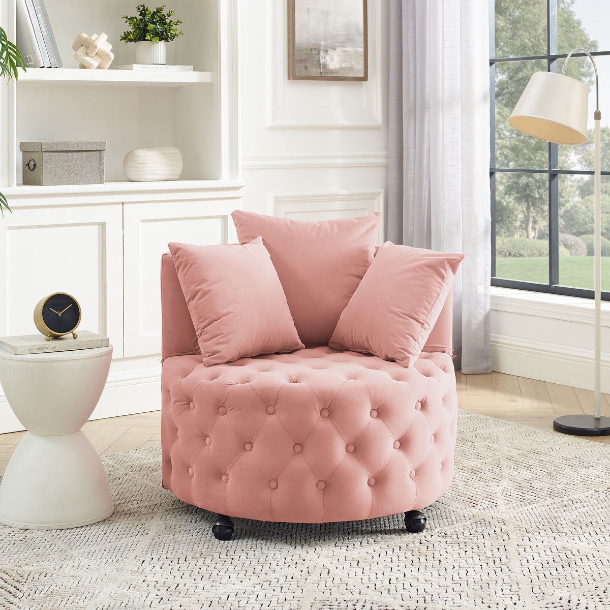 Velvet Upholstered Swivel Chair for Living Room, with Button Tufted Design and Movable Wheels, Including 3 Pillows, Pink W487124836-djyc