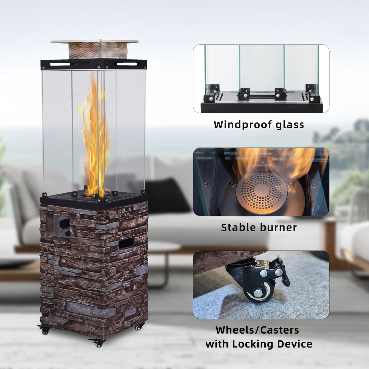 Good Design Faux Stone Texture Tempered Glass Outdoor Propane Gas Fire Heater W2029P164027-djyc