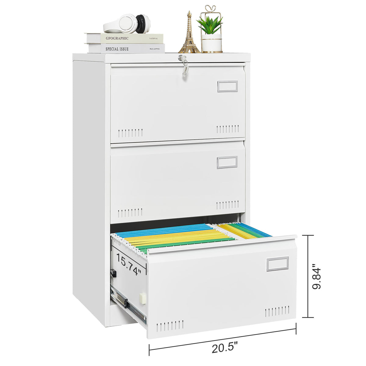 Filing Cabinet Lateral File Cabinet 3 Drawer, White Filing Cabinets with Lock, Locking Metal File Cabinets Three Drawer Office Cabinet for Legal/Letter/A4/F4 Home Offic W1247118745-djyc