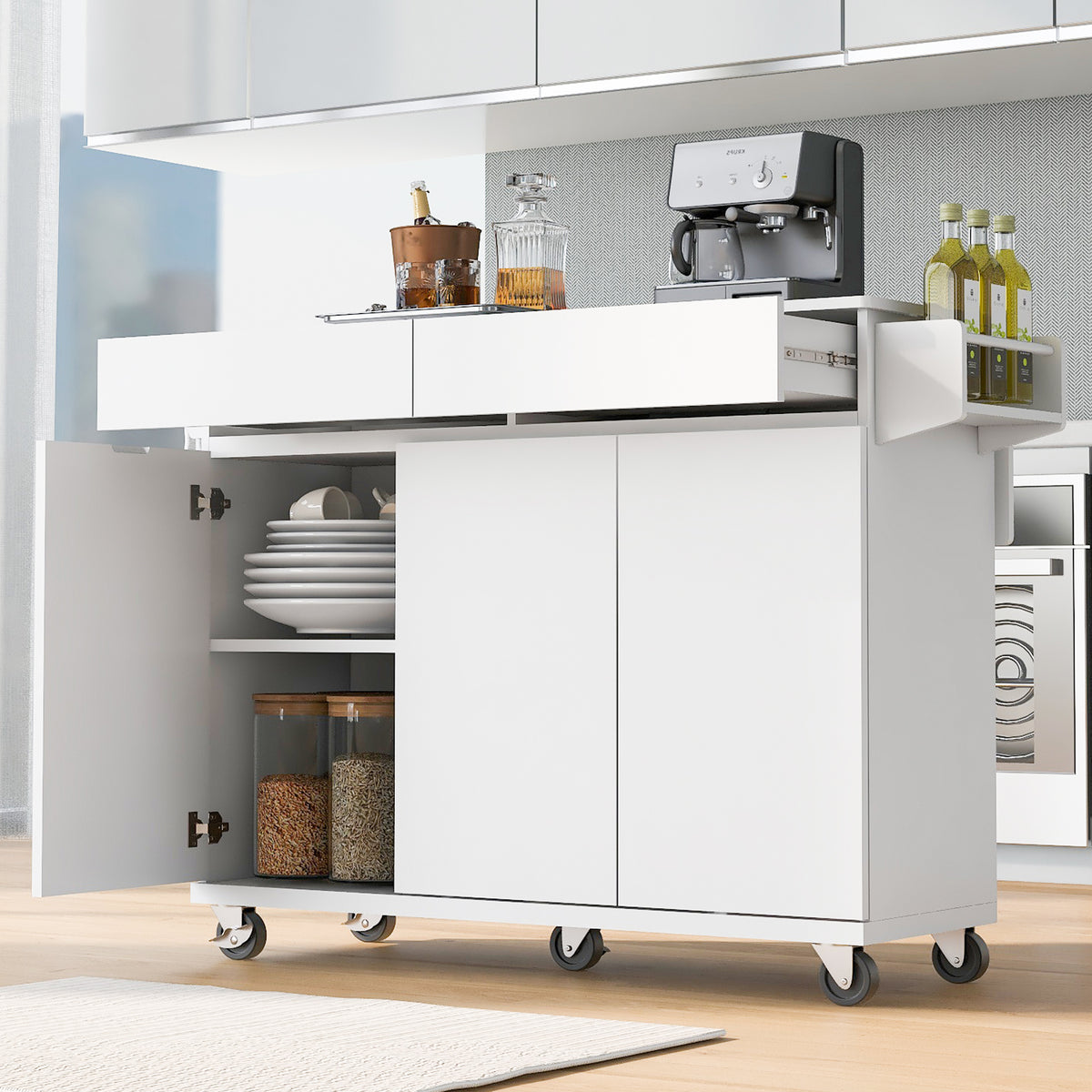 K&K 53.2''Kitchen Island with Drop Leaf, Kitchen Storage Cart with Spice Rack, Towel Rack and 2 Drawers, Rolling Kitchen Island on Wheels with Adjustable Shelves for Kitchen, Dining Room, White N707P173041W-djyc