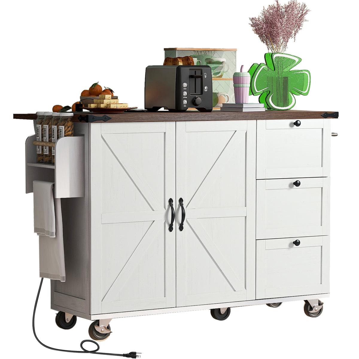 K&K 54.5" Farmhouse Kitchen Island with Power Outlet, Kitchen Storage Islandwith Internal Storage Rack, Drop Leaf, Spice Rack, Rolling Kitchen Cart on Wheels, for Home, Kitchen and Dining Room,White N707P170349W-djyc