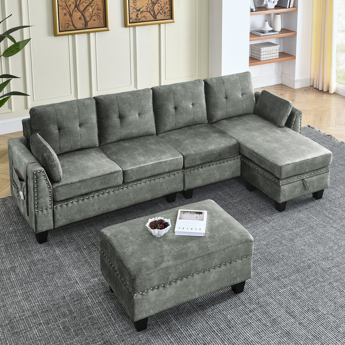 Sectional 3-Seaters Sofa ,Double-sided multi-functional footstool, storage mat , Non-slip leg, two pillows, Velvet, Light grey W487S00237-djyc